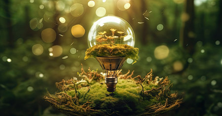 Glowing light bulb with green moss in forest. Ecology concept.の素材