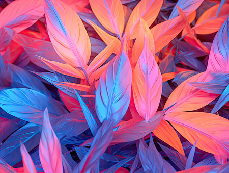 3D rendering of a colorful tropical plant leaves background in neon lightの素材