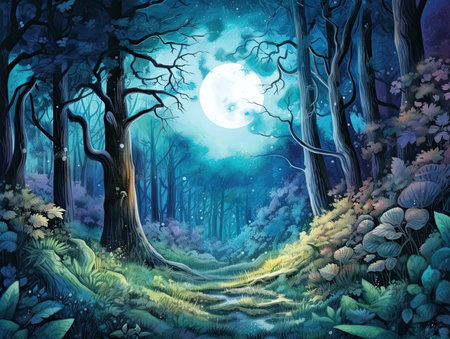 Fantasy forest with full moon. Fairytale landscape. Digital painting.の素材