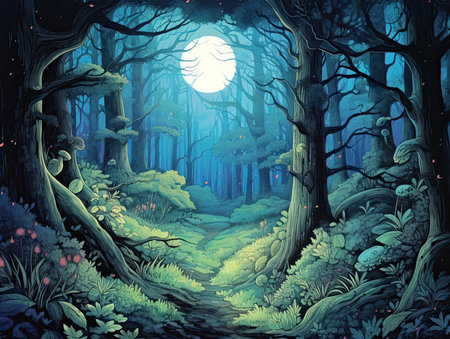 Fantasy landscape with a full moon in the night forest. Illustration.の素材
