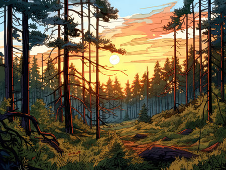 Illustration of a sunset in the woods with coniferous treesの素材