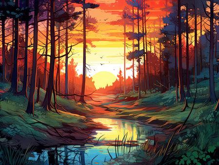 Sunset in the woods. Landscape. Vector illustration for your designの素材