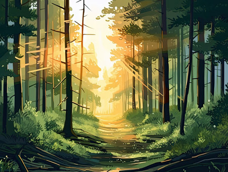 Forest road in the morning. Vector illustration of a forest road.の素材