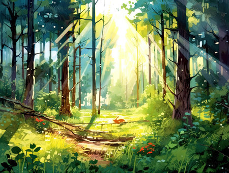 Fantasy forest with full moon. Digital painting. Illustration.の素材