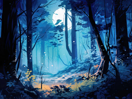 Beautiful forest with a river in the morning, vector illustration.の素材