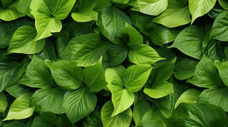 Green leaves background. Top view of fresh green leaves texture background.の素材