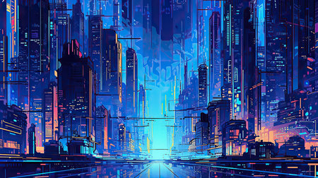 Futuristic city at night with neon lights. Futuristic cityscape.の素材