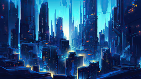 Futuristic city at night with skyscrapers. Vector illustration.の素材