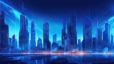 Futuristic city at night with neon lights, 3d renderingの素材