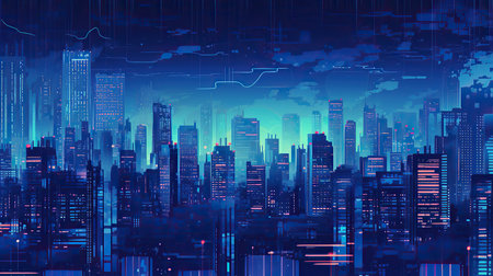 Cityscape with skyscrapers and neon lights, vector illustration.の素材