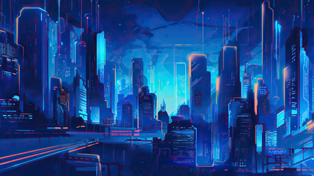 Futuristic city at night with neon lights. Vector illustration.の素材