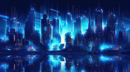 Night city with neon lights and reflection on the water. Vector illustrationの素材