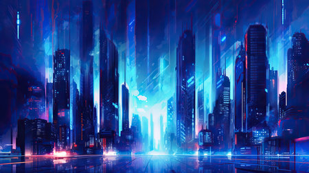 Night city with neon light. Futuristic cityscape. 3d renderingの素材