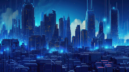 Cityscape with skyscrapers and neon lights. Vector illustration.の素材