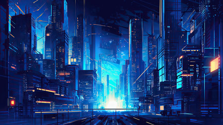 Cityscape at night with light effects. Futuristic cityscape. Vector illustration.の素材