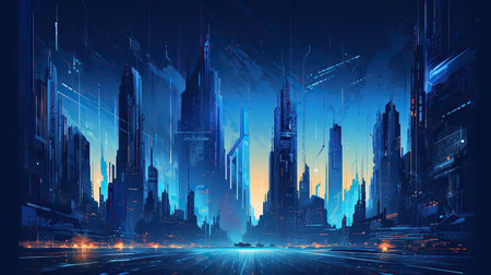 Abstract futuristic city background with neon lights. Futuristic city concept. Vector illustration.の素材