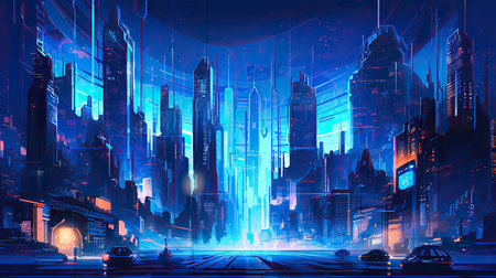 Futuristic city at night with neon lights. 3d renderingの素材