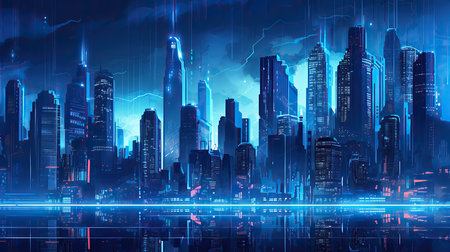 Futuristic cityscape with glowing lights. 3d rendering.の素材