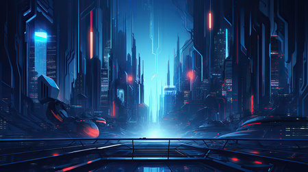 Futuristic city with neon lights. 3d rendering toned imageの素材