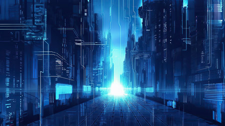 Futuristic cityscape with neon lights and buildings. 3D renderingの素材