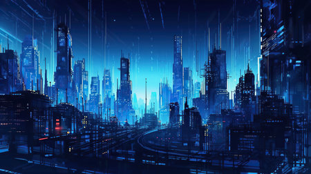 Modern city with skyscrapers and high-rise buildings. Vector illustration.の素材