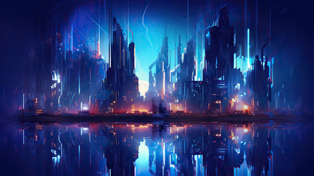 Futuristic city on the background of neon lights. Futuristic city. 3d renderingの素材