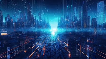 Futuristic city at night with neon lights. 3d renderingの素材