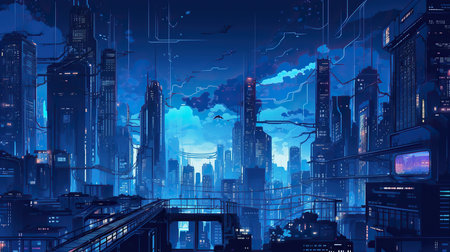 Futuristic city concept. Futuristic city at night. Vector illustration.の素材