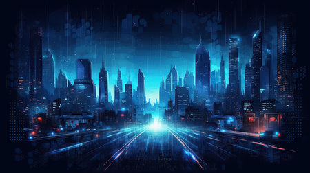 High-rise buildings in the city at night. Futuristic cityscape.の素材