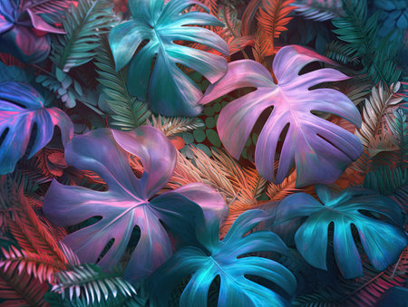 Tropical background with monstera leaves. 3D illustration.の素材