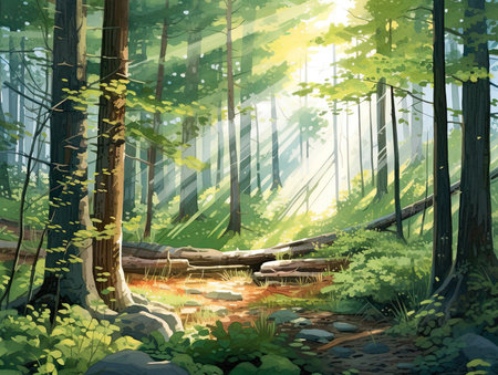 Forest landscape with a stream in the middle of the forest. Vector illustrationの素材