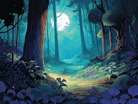 Fantasy landscape with magic forest and full moon - illustration for childrenの素材