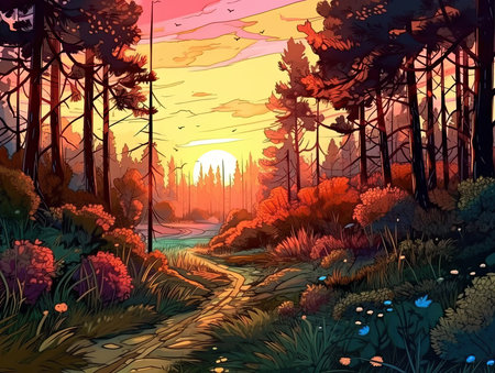 Beautiful landscape with a path in the forest at sunset. Vector illustrationの素材