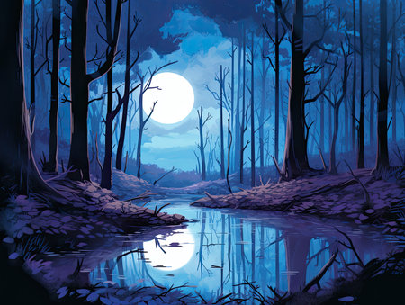 Night forest with a pond and a full moon. Vector illustration.の素材