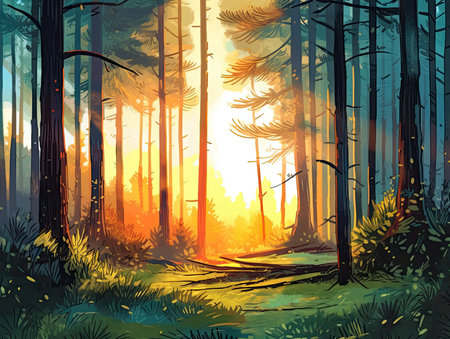 Sunset in the forest. Vector illustration of a beautiful landscape.の素材