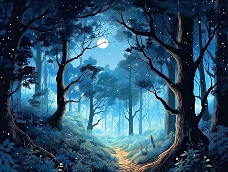 Mystical forest at night with moonlight - illustration for childrenの素材