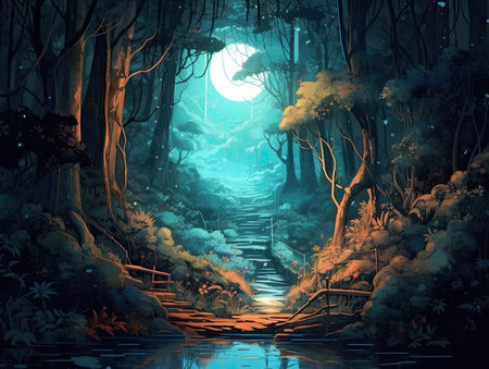 Fantasy dark forest with a path leading to the full moon.の素材