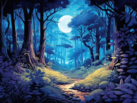 Fantasy forest at night with full moon. Digital art painting.の素材