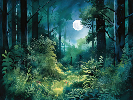 Fantasy forest in the moonlight. Illustration for your designの素材