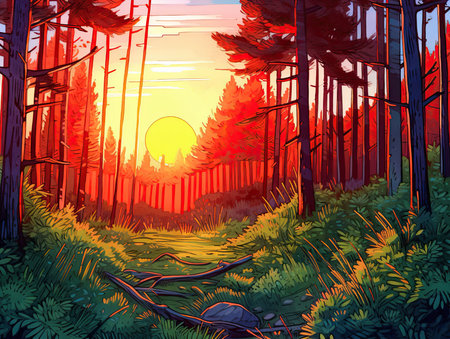 Sunset in the forest. Vector illustration in a cartoon style.の素材