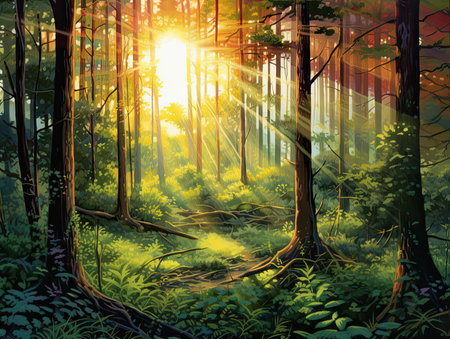 Sunset in the forest. Beautiful nature landscape. Vector illustration.の素材
