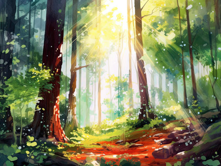 Beautiful forest landscape with sun rays and trees. Digital painting.の素材