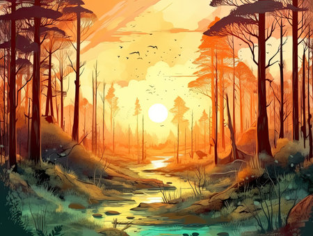 Beautiful landscape with a river in the forest at sunset. Vector illustrationの素材