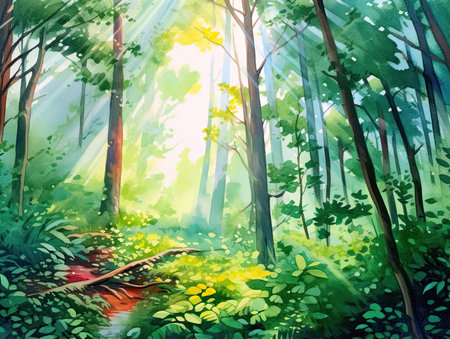 Watercolor illustration of a summer forest. The path in the forest.の素材