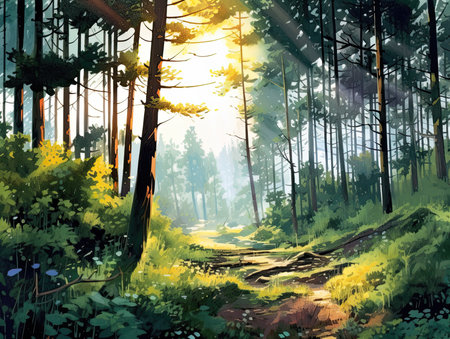 Sunset in the pine forest. Digital painting. Illustration.の素材
