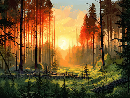 Fantasy forest with trees and wooden fence at sunset, vector illustrationの素材