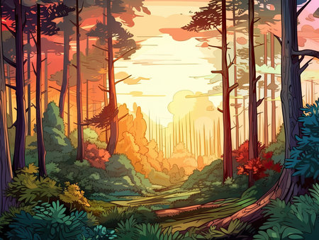 Forest landscape at sunset vector illustration. Cartoon forest with trees, grass and bushes.の素材