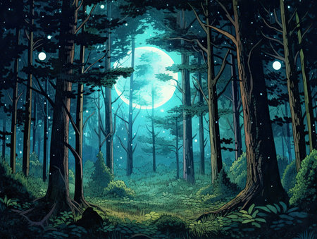 Fantasy landscape with forest and full moon - illustration for children.の素材