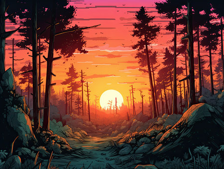 Sunset in the woods. Vector illustration of a sunset in the woods.の素材