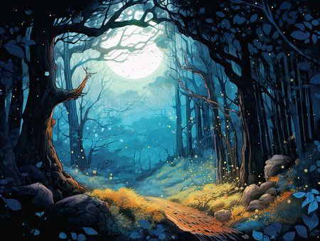 Fantasy forest with moonlight. Digital art painting. Vector illustration.の素材